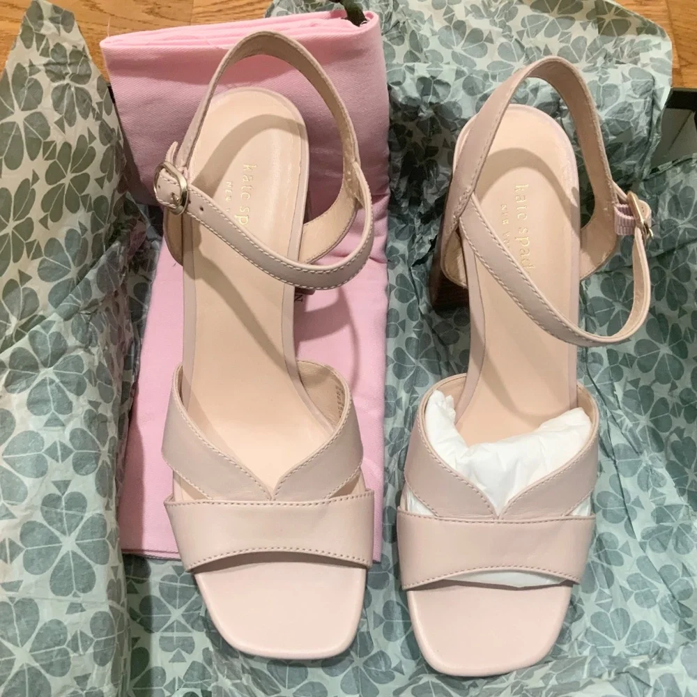 Kate Spade Delight Nude Leather Platform Heels Block Heel Ankle Strap Sandals 9
